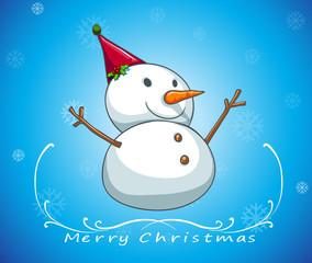 A blue christmas card template with a snowman