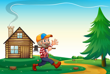 A happy lumberjack carrying an axe while walking near the wooden