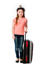 beautiful girl with a blue suitcase