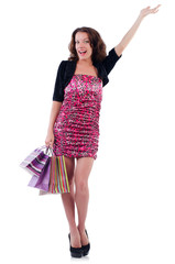 Girl after good shopping on white