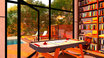 Modern living room with a view on lake