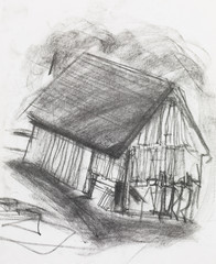 charcoal sketch of an old barn