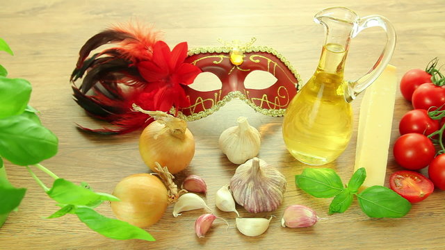 Italian food ingredients with Venetian mask
