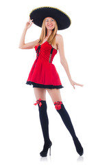 Model in red dress wearing sombrero