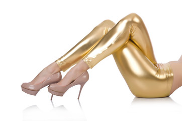 Woman legs with stockings on white