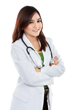 Female asian doctor wearing a white coat and stethoscope with ar