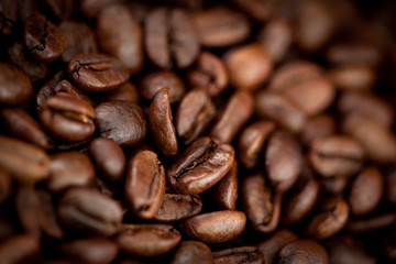 Dark blurred coffee seeds laid out together