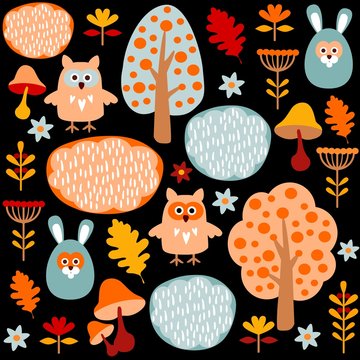 Cute seamless forest vector pattern with animals hare and owl