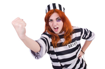 Prisoner in striped uniform on white