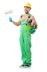 Painter in green coveralls on white