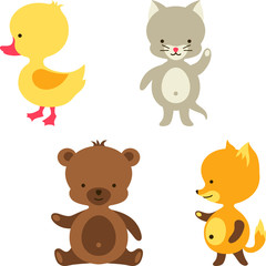 Little cute baby cat, bear, fox and duck.