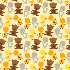 Seamless pattern with baby cat, bear, fox and duck.