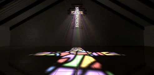 Crédence de cuisine en verre imprimé Coloré Vitrail Crucifix Light Ray Couleur