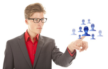 Young man selecting blue virtual friends isolated