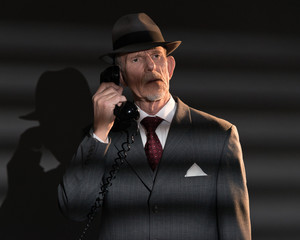 Retro detective man calling with vintage telephone at night in o