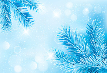 Fototapeta na wymiar Christmas blue background with christmas tree branches and snowf