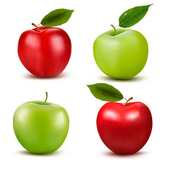 Set of red and green apple fruits with cut and green leaves. Vec
