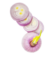 Onions with sprouts developing over white background.
