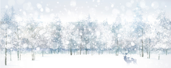 Vector of winter scene with deer on forest background.