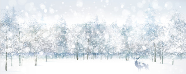 Obraz premium Vector of winter scene with deer on forest background.