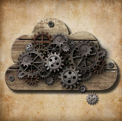 wooden cloud with rusty gears attached to grunge background