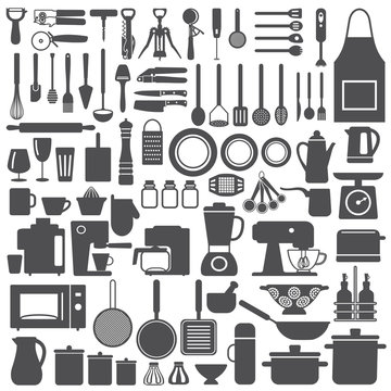 Kitchen related utensils and appliances silhouette icons