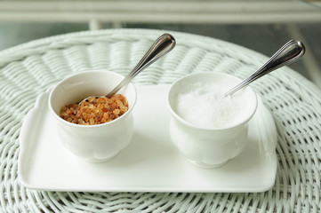 Double small cups sugar, brown and white sugars.