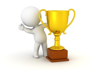 3D Man waving from behind Gold Trophy