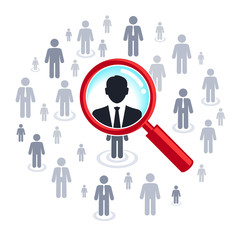 Job search and career choice, magnifying glass searching people