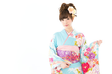 Beautiful asian kimono woman on white background