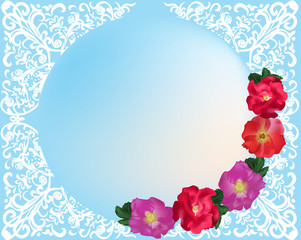 brier flowers in white decorated frame on blue
