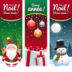 Carte de vœux, père Noël, cadeaux, bonhomme de neige
