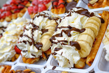 Brussels gaufres with banana chocolate and cream topping