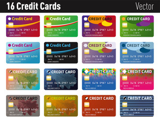 A set of sixteen different vector credit cards