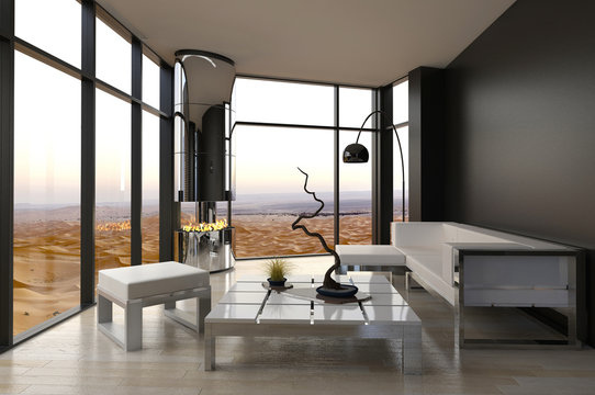 Modern Living Room Interior with Desert View