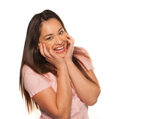 Happy young woman expressing surprise