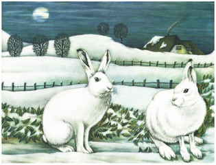 Schneehasen in Winterlandschaft.Hasenmärchen © Henrie