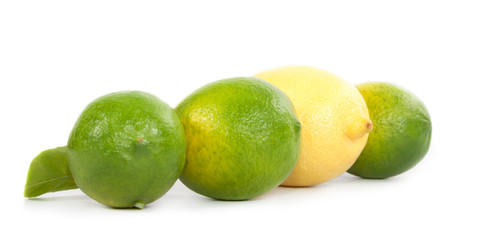 Several limes and lemons on a white background.