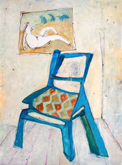 Color decoration pattern on background, blue chair, painting