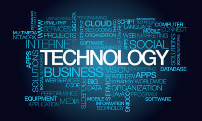 Technology text word information blue tag cloud illsutration