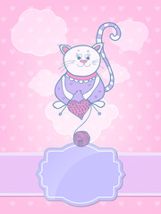 Cute cat knitting needles heart. Valentine Greeting Card
