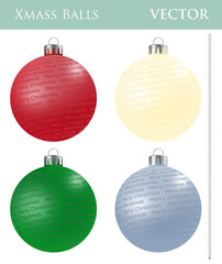 A set of Christmas balls with different ornaments and different colors