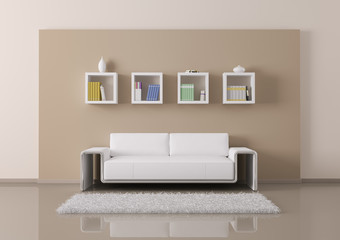 Interior of room with sofa and bookshelves 3d render