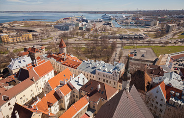 Fototapeta na wymiar Aerial view on old town and passenger port in Tallinn