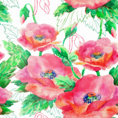 watercolour seamless pattern with poppy flowers