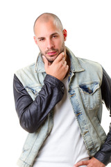 young man portrait, he wearing jeans jacket