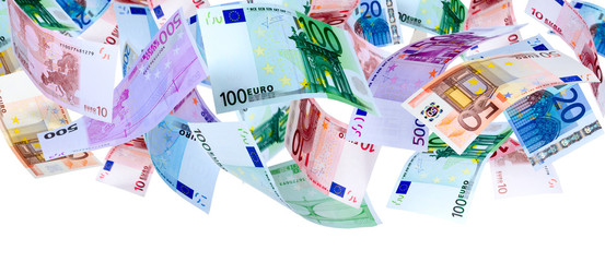 Panoramic image of falling Euro banknotes isolated on white - obrazy, fototapety, plakaty