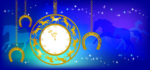 New Year background with clock and horseshoes