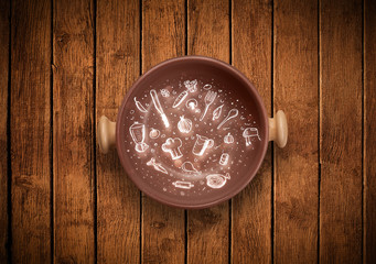 Colorful plate with hand drawn icons, symbols, vegetables and fr