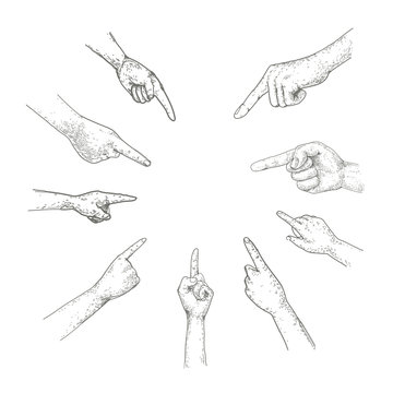Hand drawn vector illustration of hand point. Isolated on white. Pointing finger